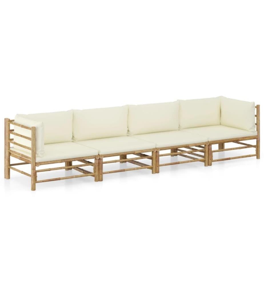 4-tlg. Garten-Lounge-Set mit Cremeweissen Kissen Bambus
