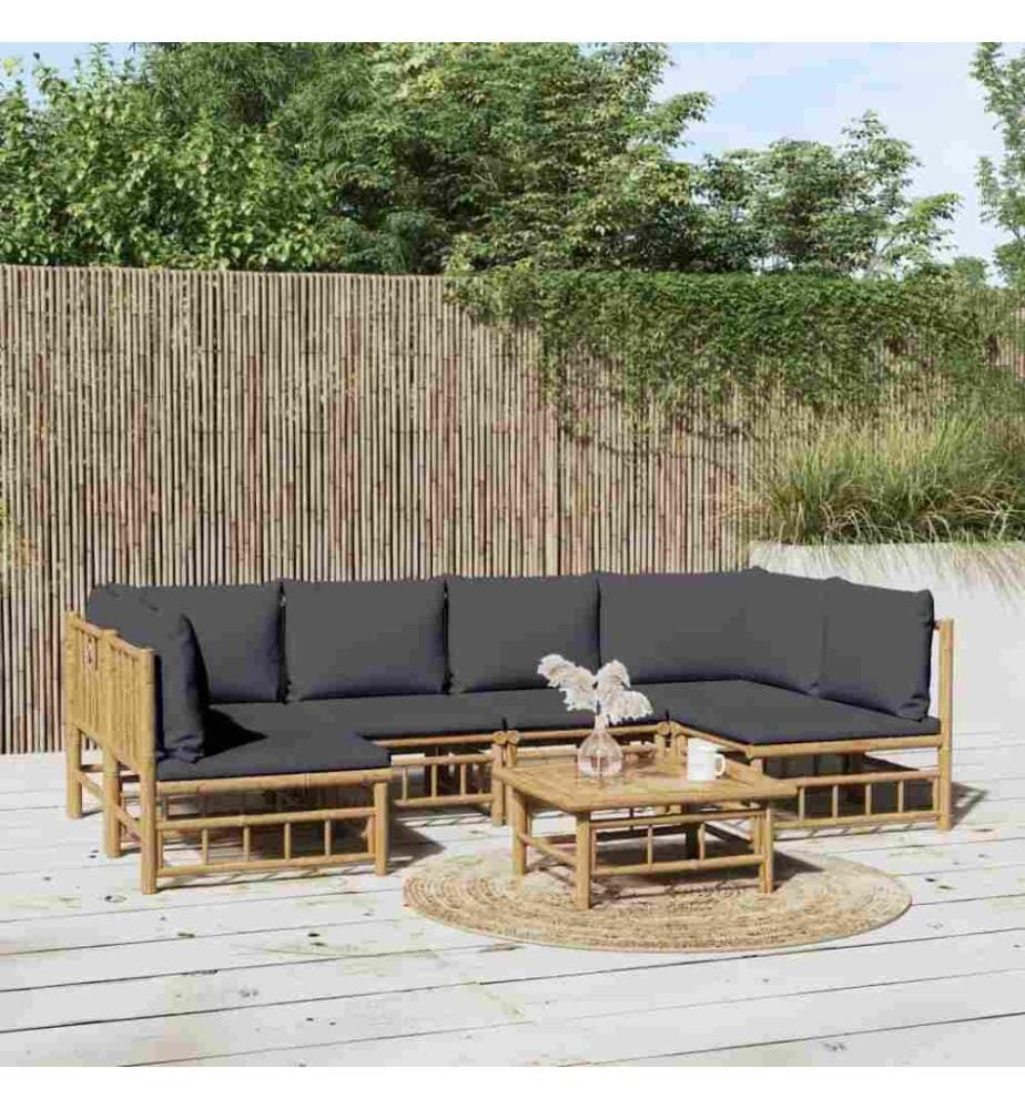 7-tlg. Garten-Lounge-Set mit Dunkelgrauen Kissen Bambus