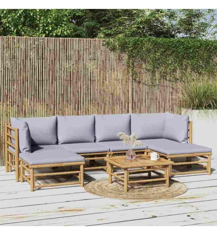 7-tlg. Garten-Lounge-Set mit Hellgrauen Kissen Bambus