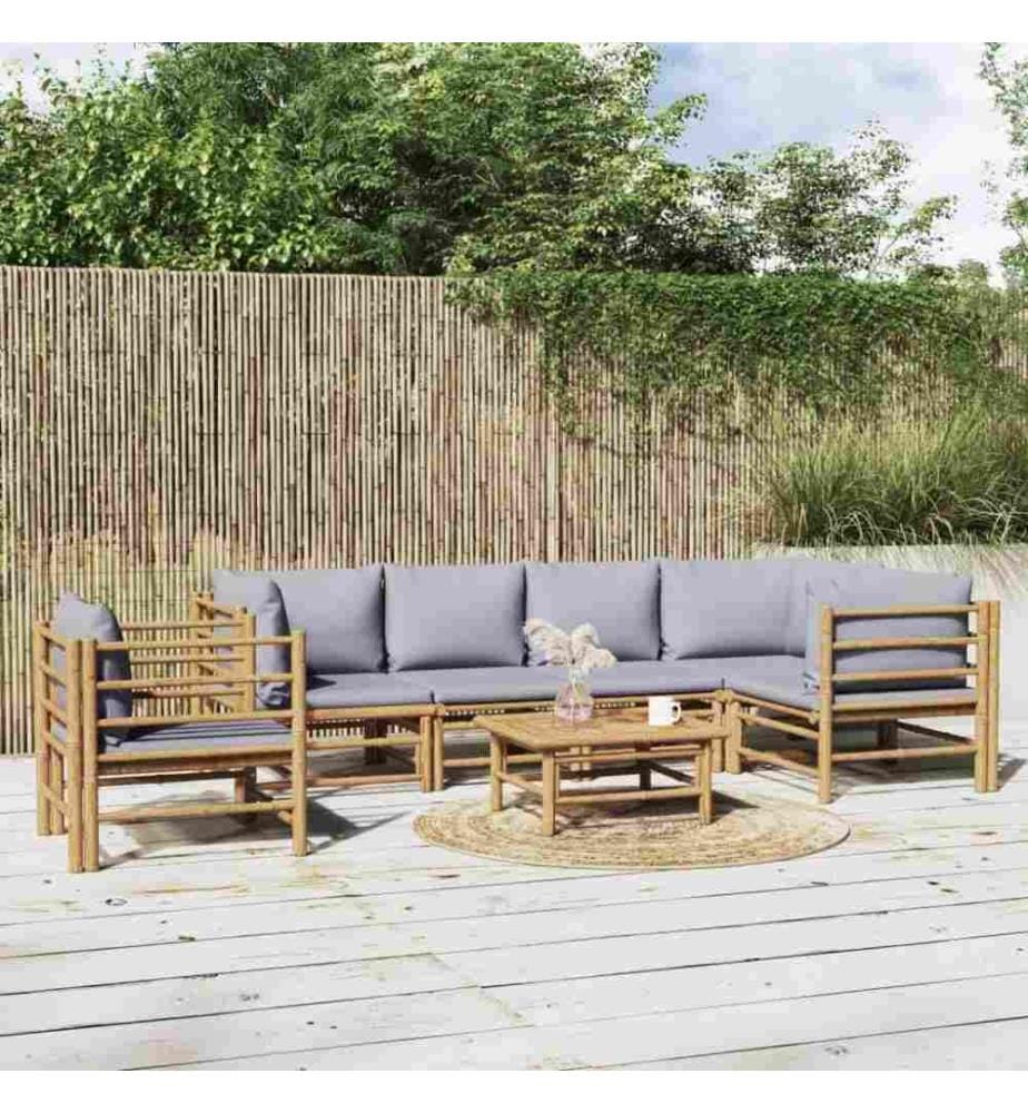 7-tlg. Garten-Lounge-Set mit Hellgrauen Kissen Bambus