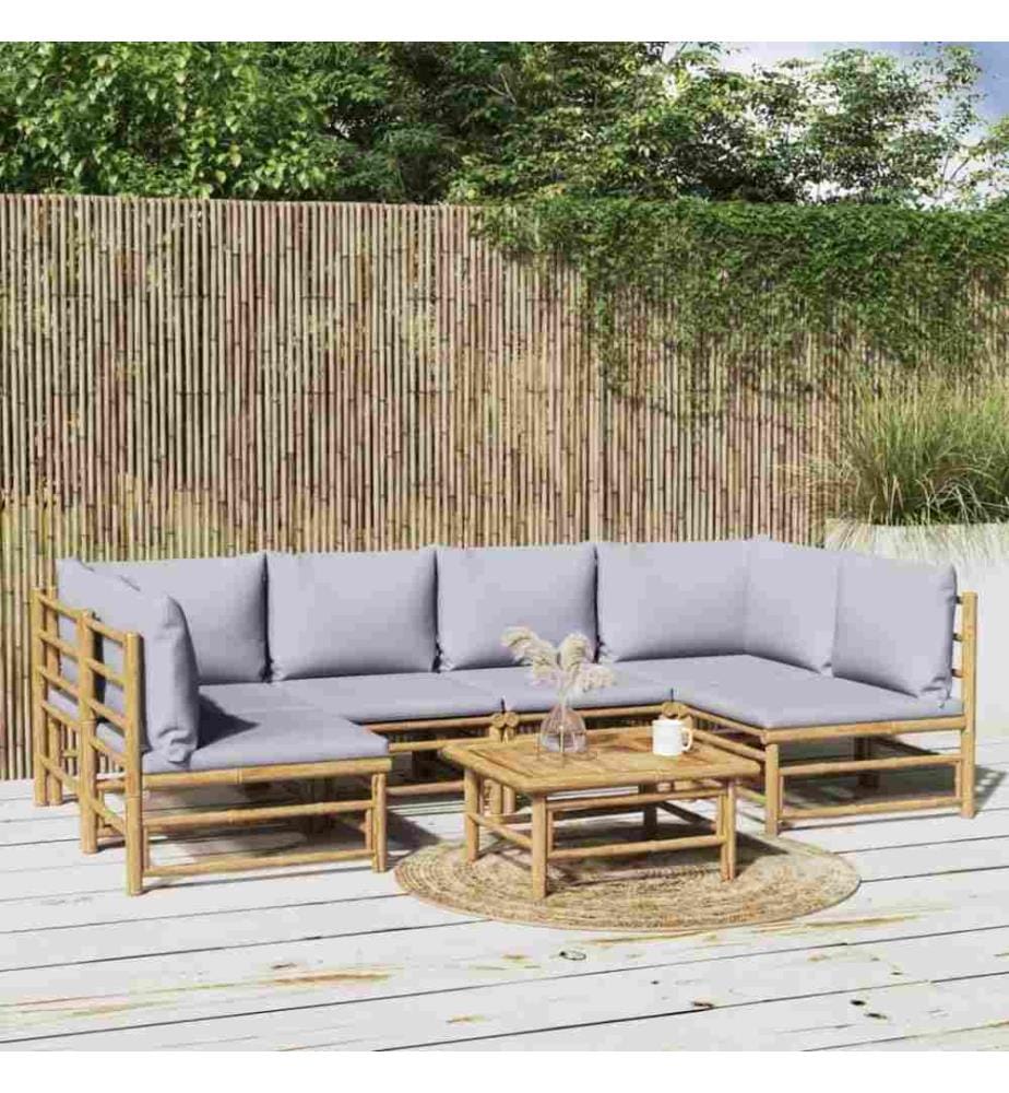 Salon de jardin 7 pcs avec coussins gris clair bambou