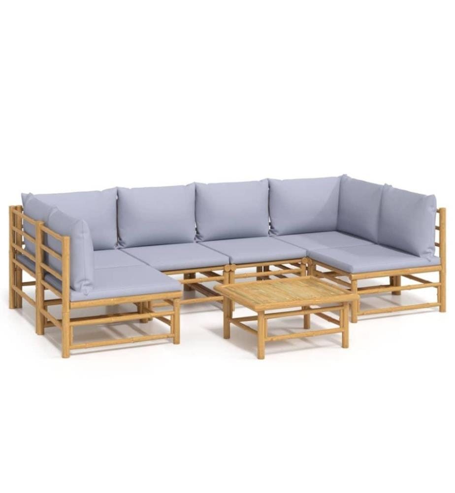 7-tlg. Garten-Lounge-Set mit Hellgrauen Kissen Bambus