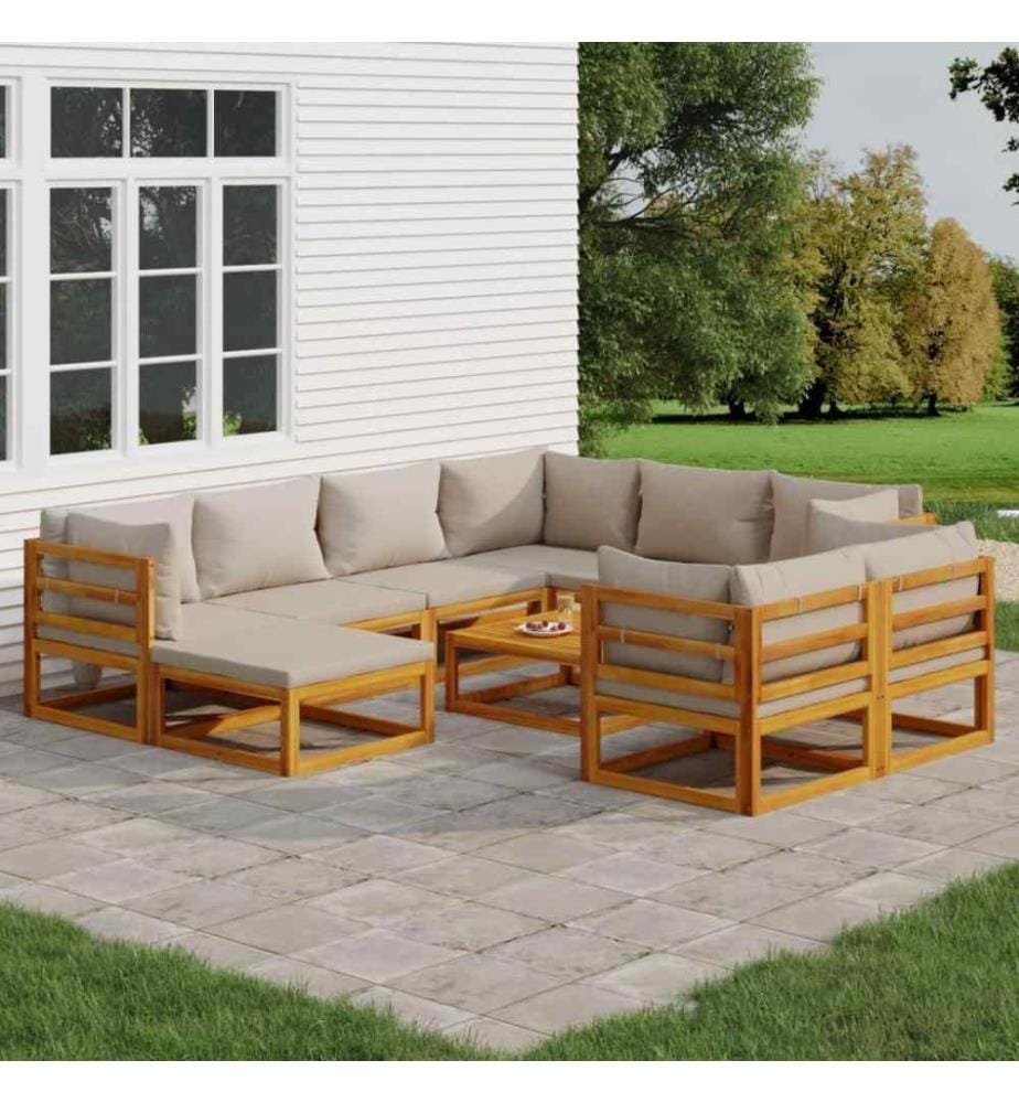 10-tlg. Garten-Lounge-Set mit Hellgrauen Kissen Massivholz