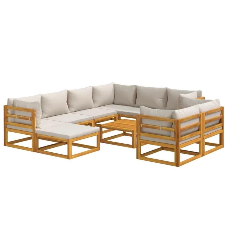 10-tlg. Garten-Lounge-Set mit Hellgrauen Kissen Massivholz