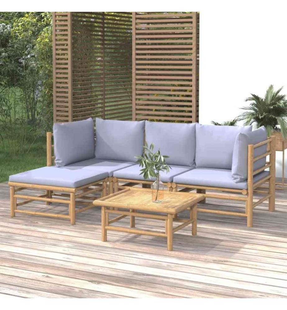 5-tlg. Garten-Lounge-Set mit Hellgrauen Kissen Bambus