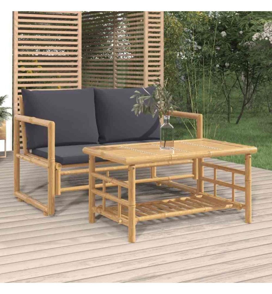 2-tlg. Garten-Lounge-Set mit Dunkelgrauen Kissen Bambus
