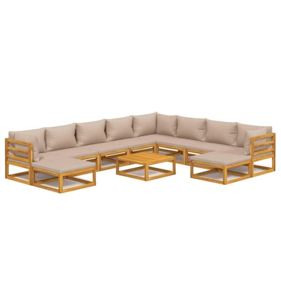 Salon de jardin 11 pcs avec coussins taupe bois massif