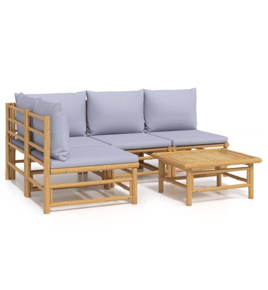 5-tlg. Garten-Lounge-Set mit Hellgrauen Kissen Bambus