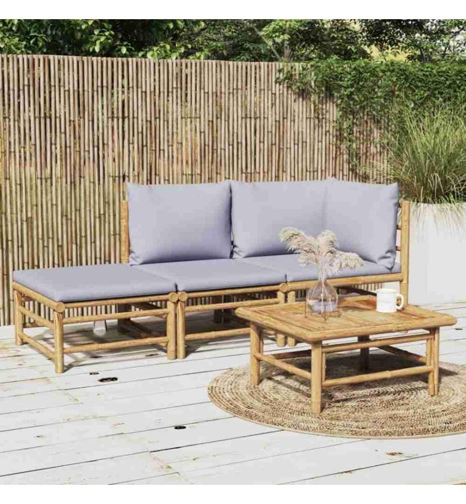 3-tlg. Garten-Lounge-Set mit Hellgrauen Kissen Bambus