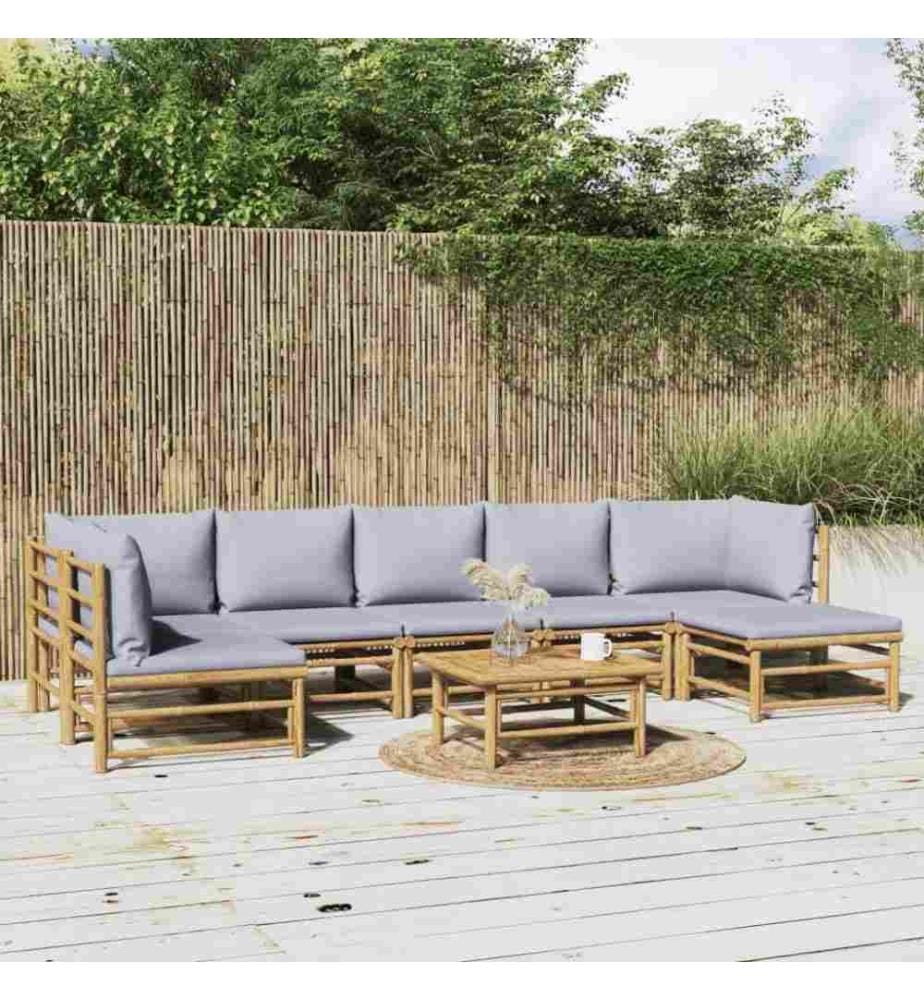 8-tlg. Garten-Lounge-Set mit Kissen Hellgrau Bambus