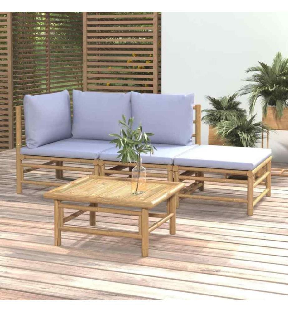 4-tlg. Garten-Lounge-Set mit Hellgrauen Kissen Bambus