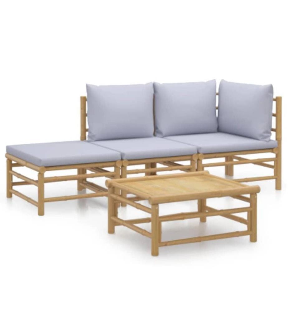 4-tlg. Garten-Lounge-Set mit Hellgrauen Kissen Bambus