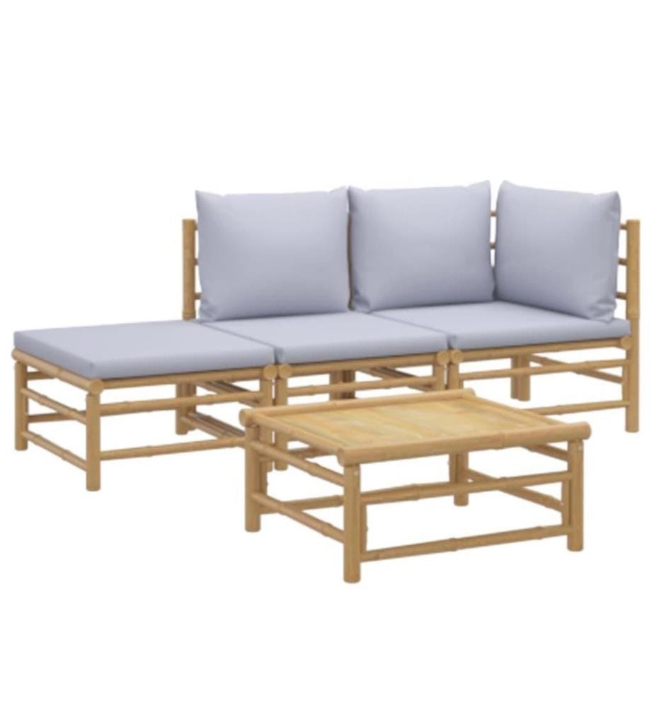 4-tlg. Garten-Lounge-Set mit Hellgrauen Kissen Bambus