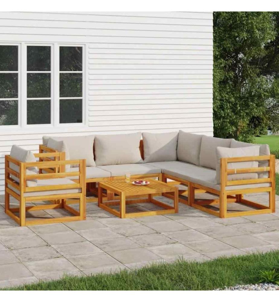 Salon de jardin 7 pcs avec coussins gris clair bois massif