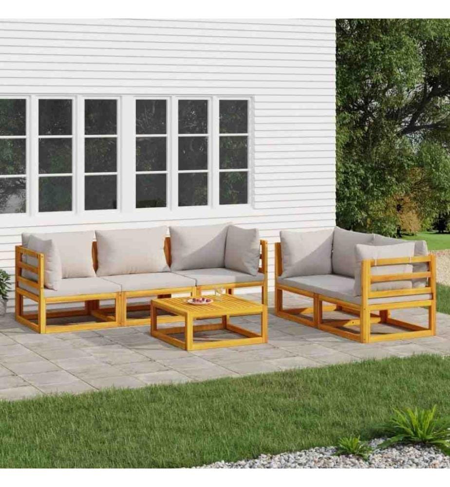 6-tlg. Garten-Lounge-Set mit Hellgrauen Kissen Massivholz