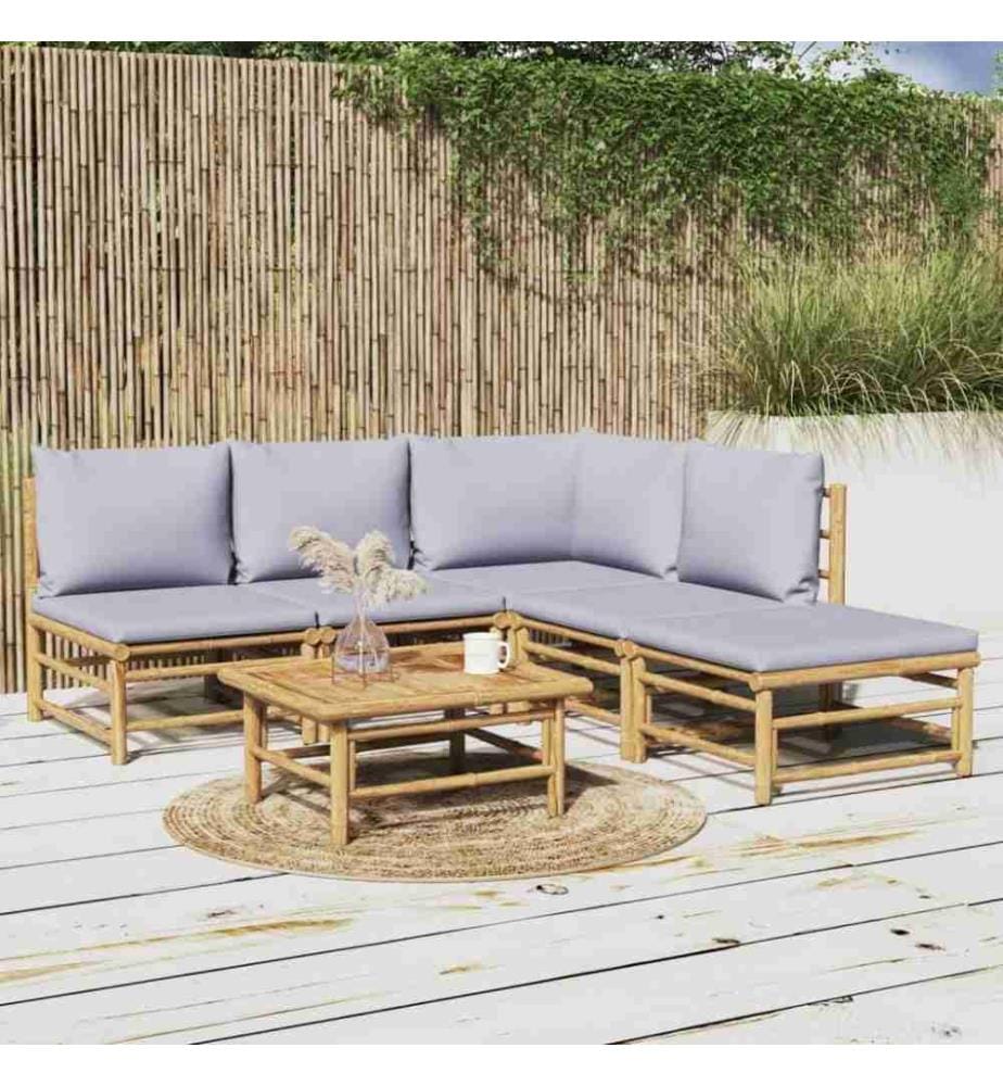 6-tlg. Garten-Lounge-Set mit Hellgrauen Kissen Bambus