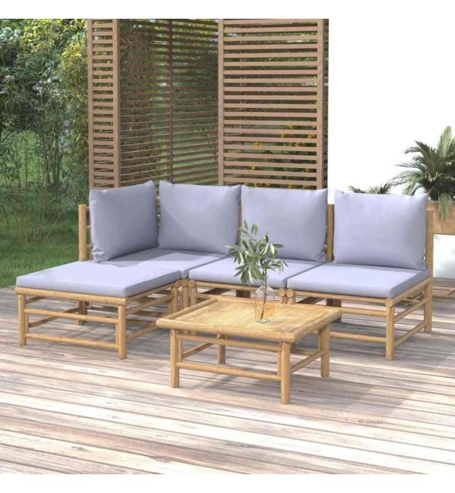 5-tlg. Garten-Lounge-Set mit Hellgrauen Kissen Bambus