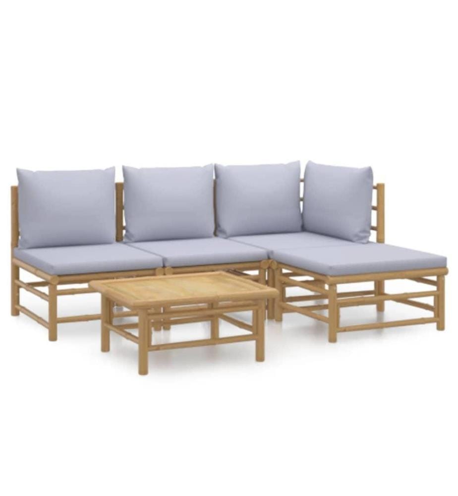 5-tlg. Garten-Lounge-Set mit Hellgrauen Kissen Bambus