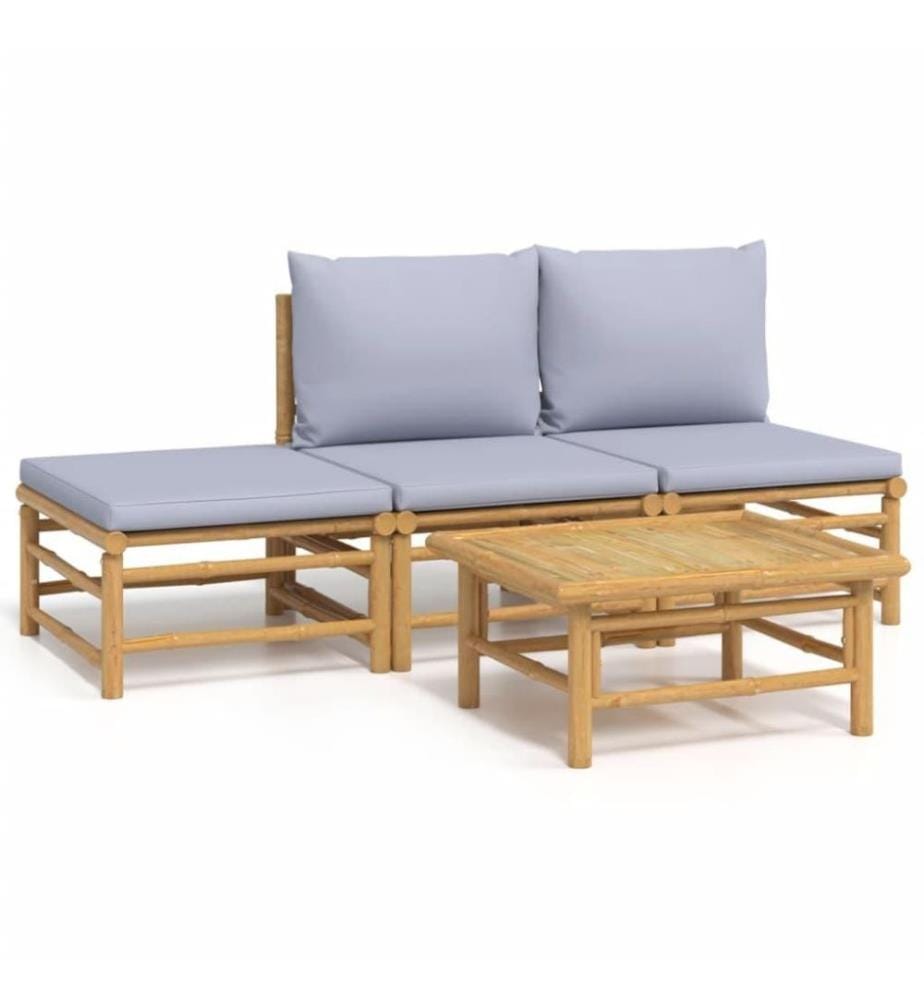4-tlg. Garten-Lounge-Set mit Hellgrauen Kissen Bambus