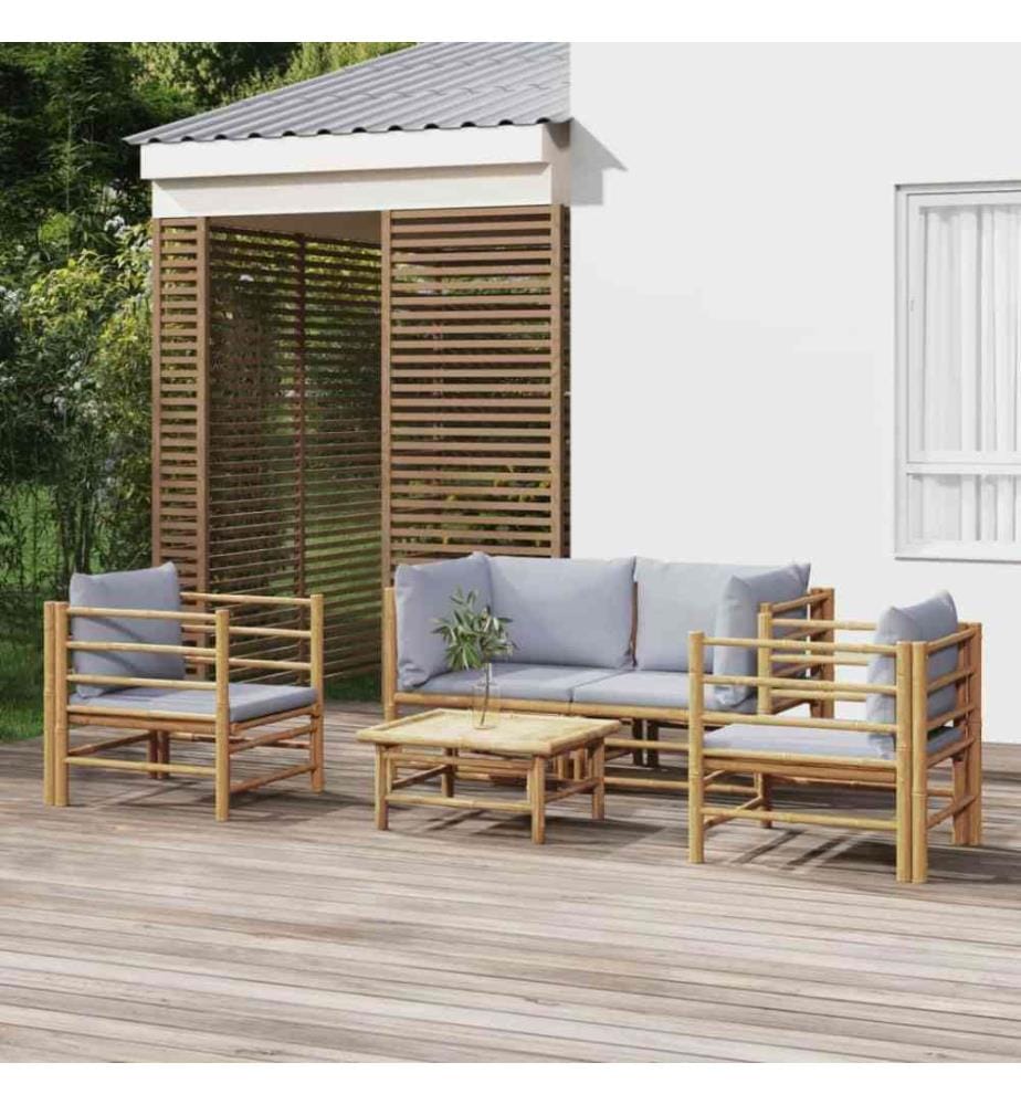 5-tlg. Garten-Lounge-Set mit Hellgrauen Kissen Bambus