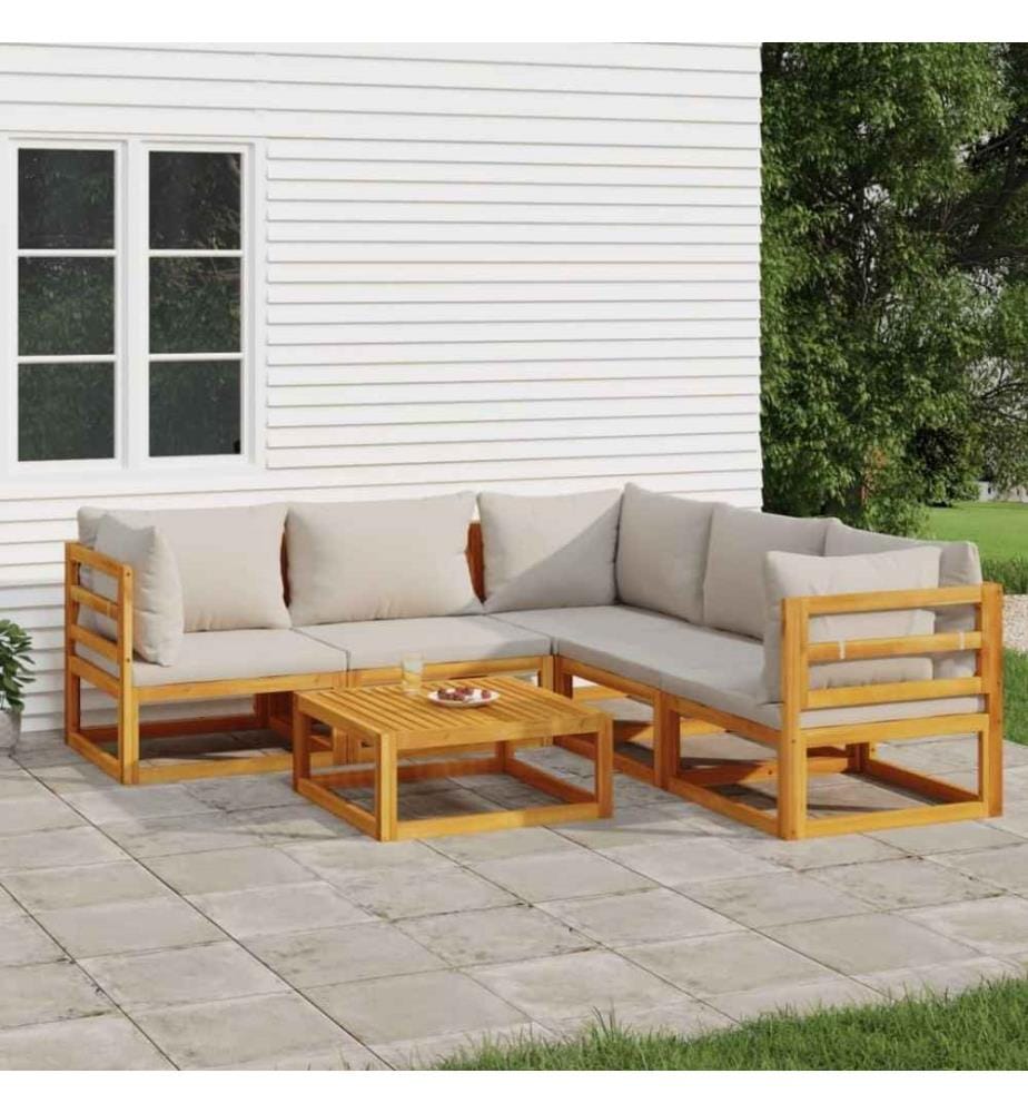 Salon de jardin 6 pcs avec coussins gris clair bois massif