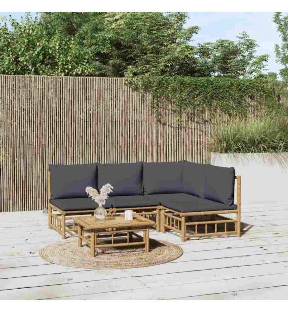 5-tlg. Garten-Lounge-Set mit Dunkelgrauen Kissen Bambus