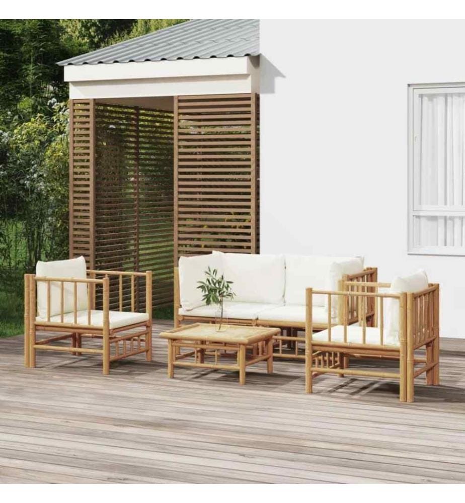 Salon de jardin 5 pcs avec coussins blanc crème bambou