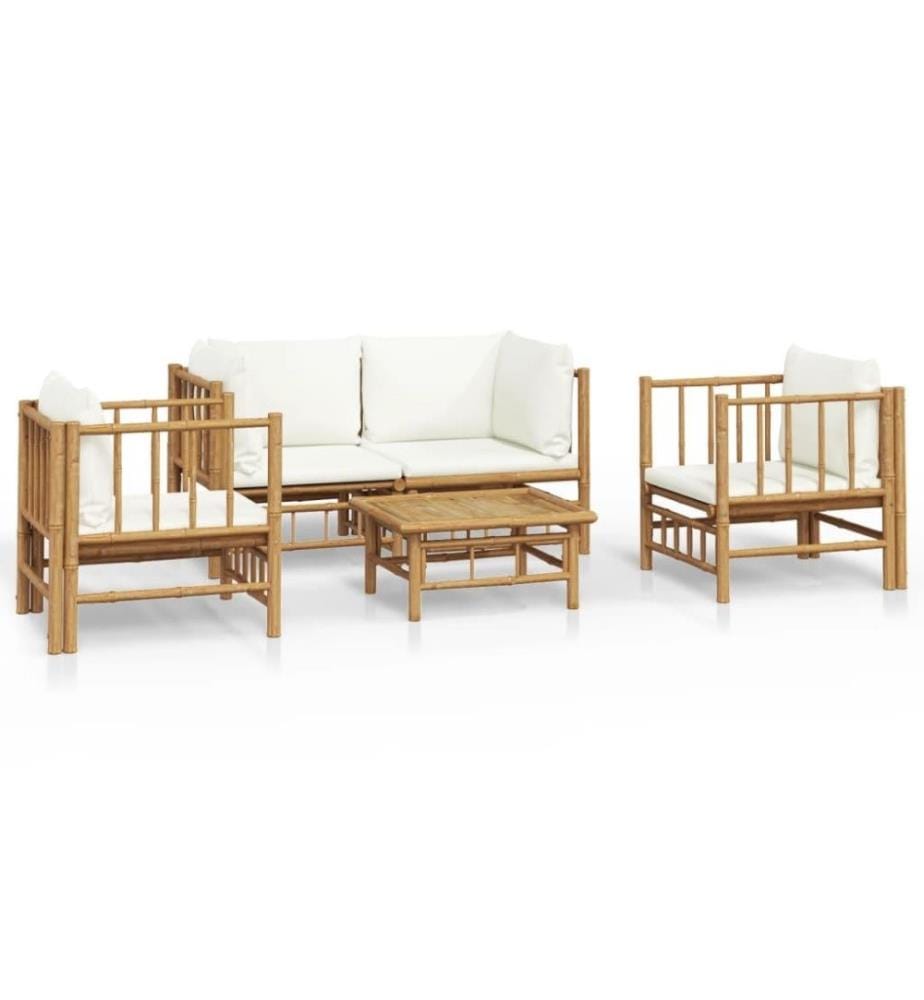 Salon de jardin 5 pcs avec coussins blanc crème bambou