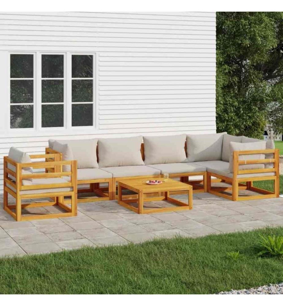 Salon de jardin 7 pcs avec coussins gris clair bois massif