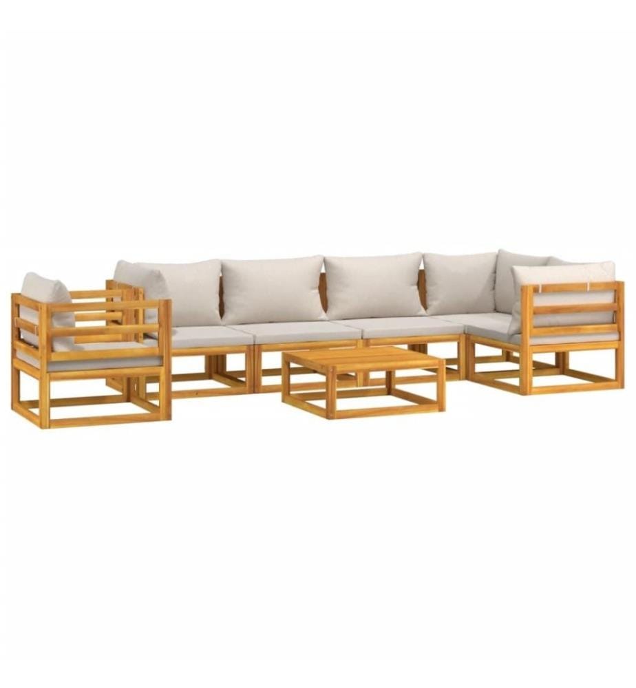 Salon de jardin 7 pcs avec coussins gris clair bois massif