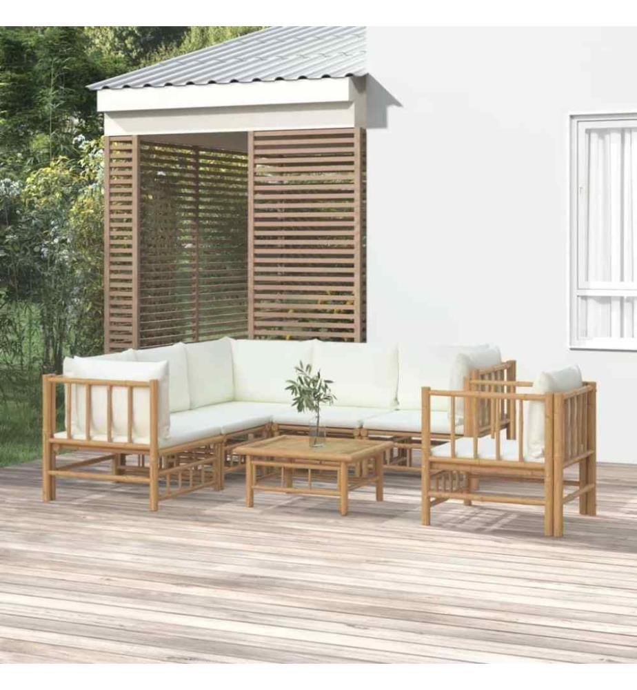 Salon de jardin 7 pcs avec coussins blanc crème bambou