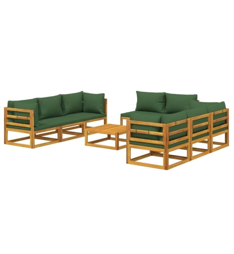 Salon de jardin 9 pcs avec coussins vert bois massif