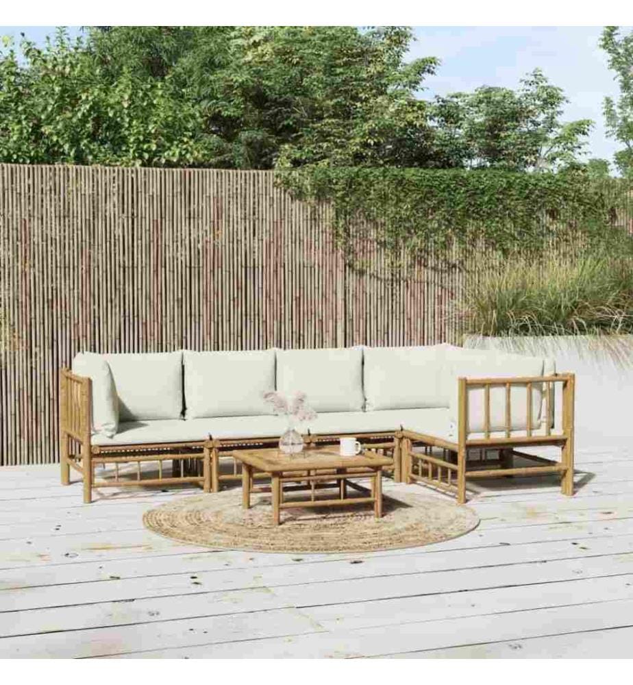 Salon de jardin 6 pcs avec coussins blanc crème bambou