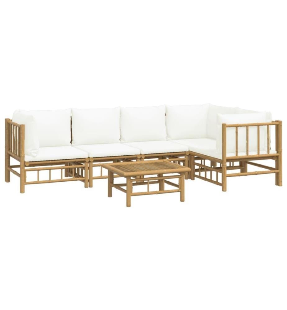 Salon de jardin 6 pcs avec coussins blanc crème bambou