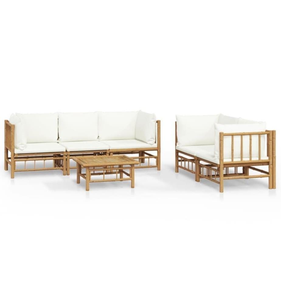 Salon de jardin 6 pcs avec coussins blanc crème bambou