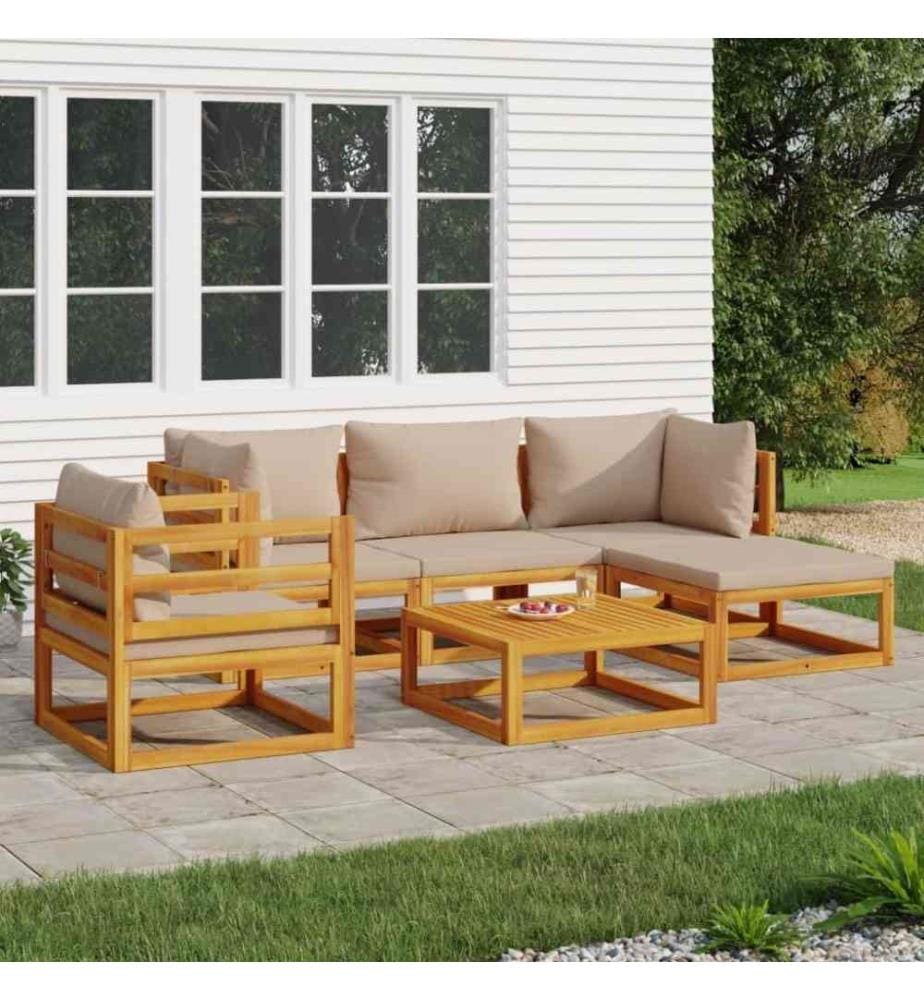 Salon de jardin 6 pcs avec coussins taupe bois massif