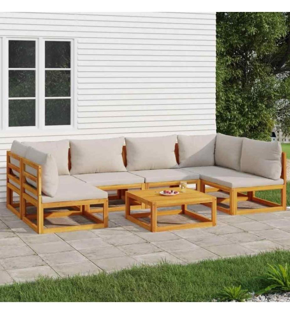 7-tlg. Garten-Lounge-Set mit Hellgrauen Kissen Massivholz