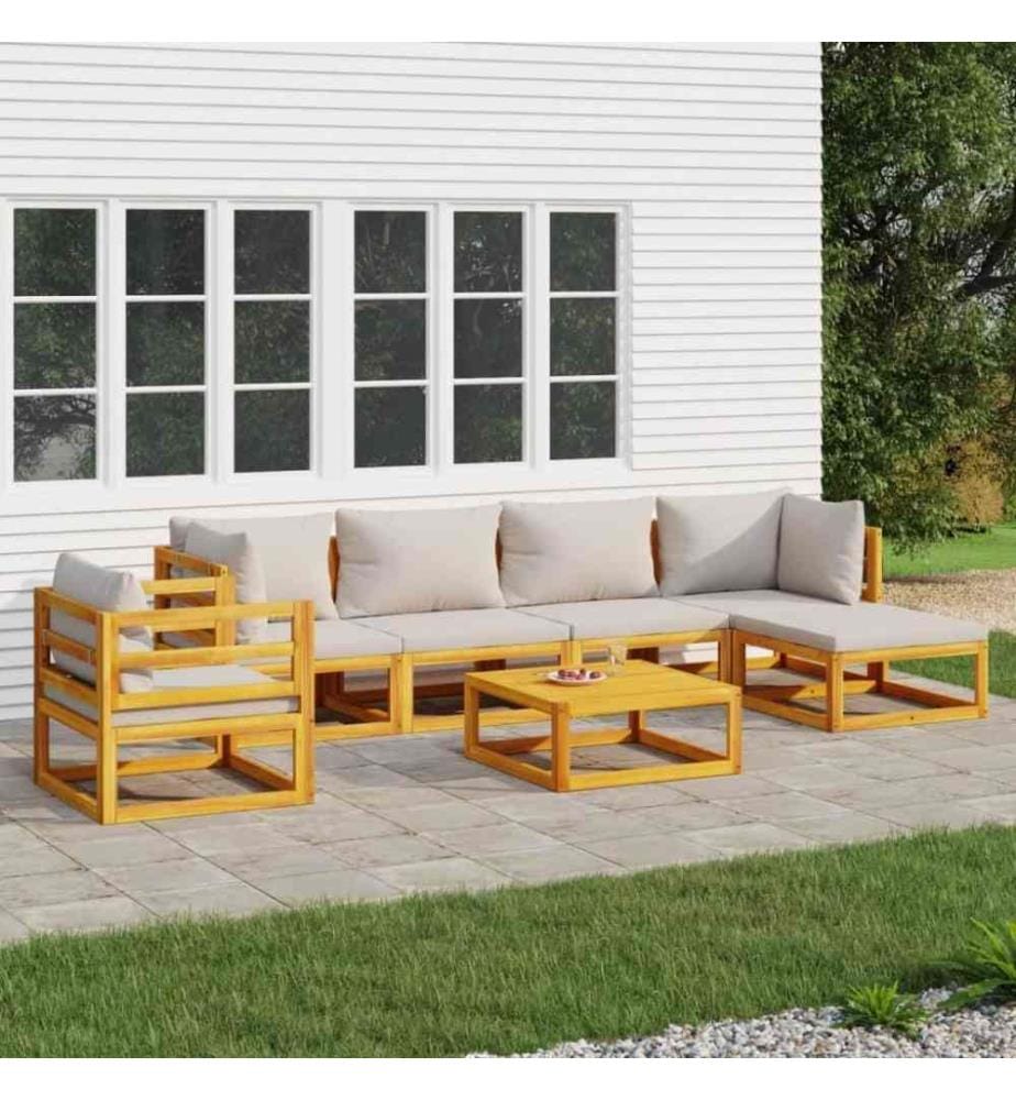 Salon de jardin 7 pcs avec coussins gris clair bois massif