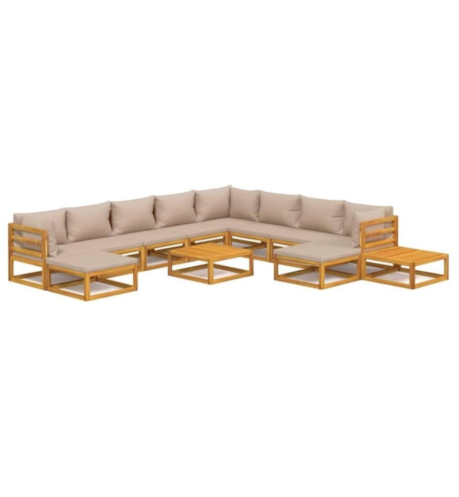 Salon de jardin 12 pcs avec coussins taupe bois massif