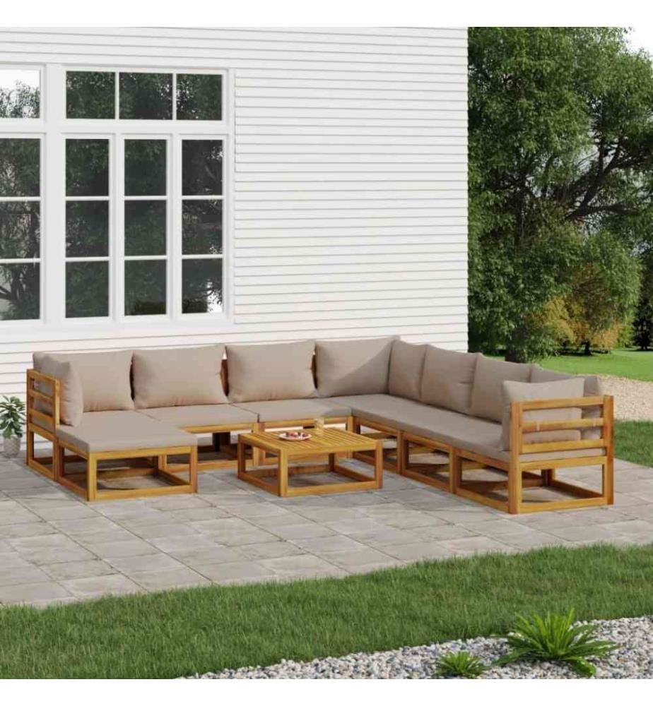 Salon de jardin 9 pcs avec coussins taupe bois massif