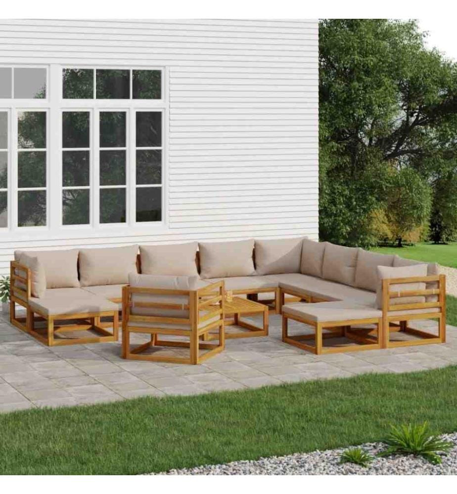 Salon de jardin 12 pcs avec coussins taupe bois massif