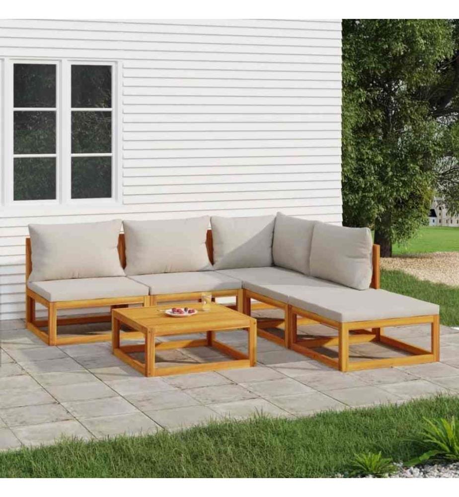 Salon de jardin 6 pcs avec coussins gris clair bois massif