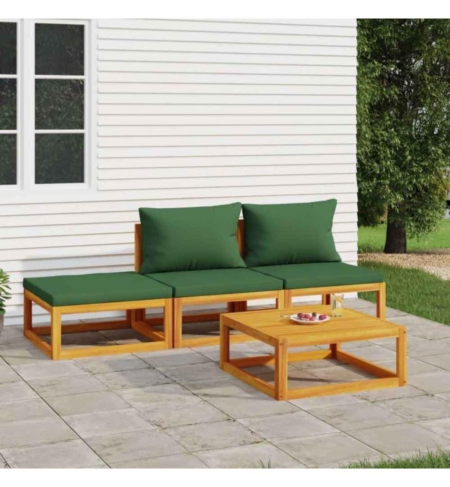 4-tlg. Garten-Lounge-Set mit Grünen Kissen Massivholz