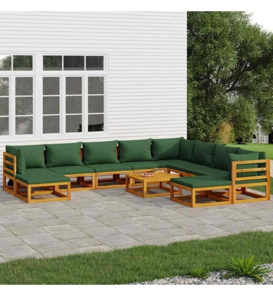 Salon de jardin 11 pcs avec coussins vert bois massif