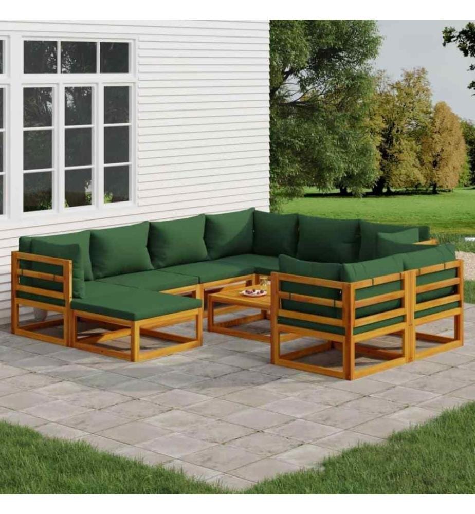 Salon de jardin 10 pcs avec coussins vert bois massif