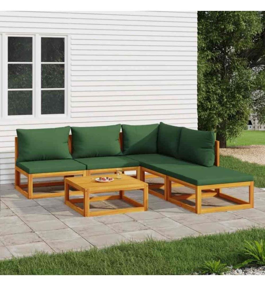 Salon de jardin 6 pcs avec coussins vert bois massif