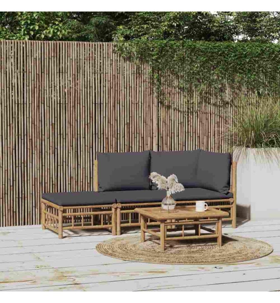 3-tlg. Garten-Lounge-Set mit Dunkelgrauen Kissen Bambus
