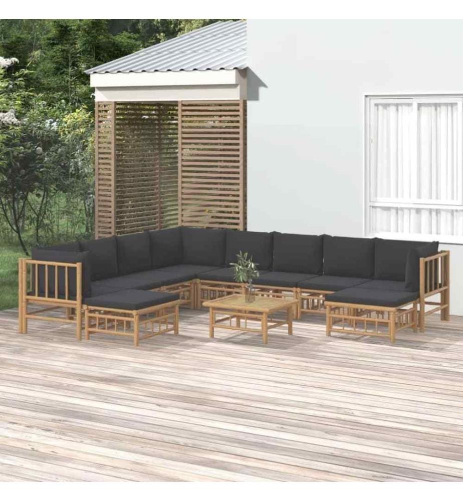 11-tlg. Garten-Lounge-Set mit Dunkelgrauen Kissen Bambus