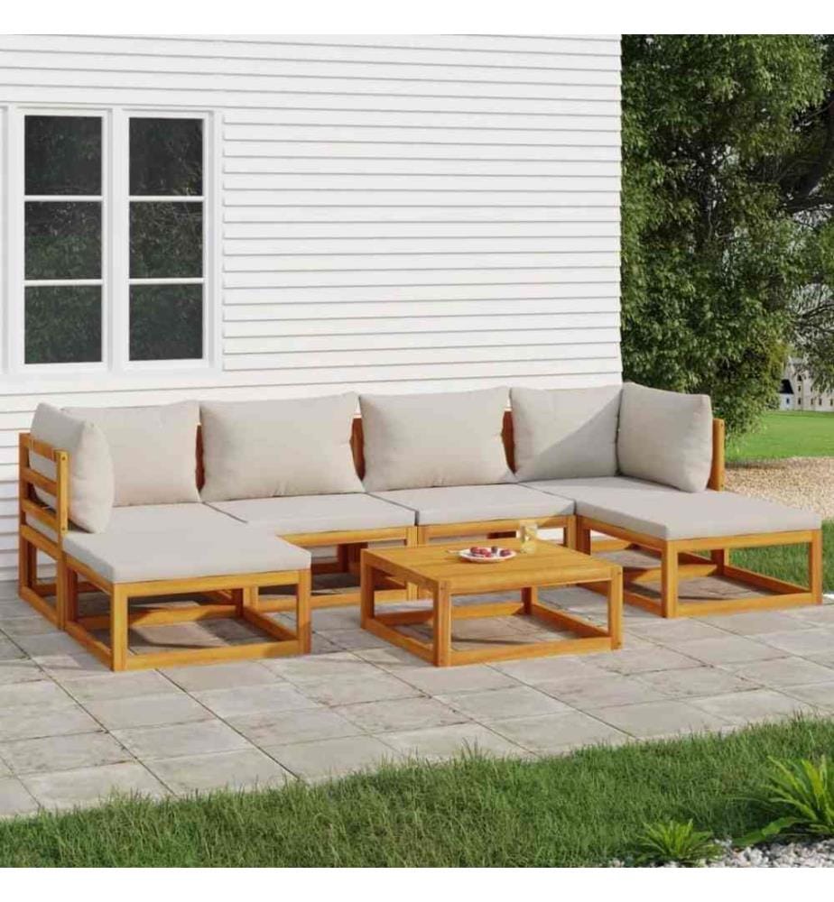 7-tlg. Garten-Lounge-Set mit Hellgrauen Kissen Massivholz