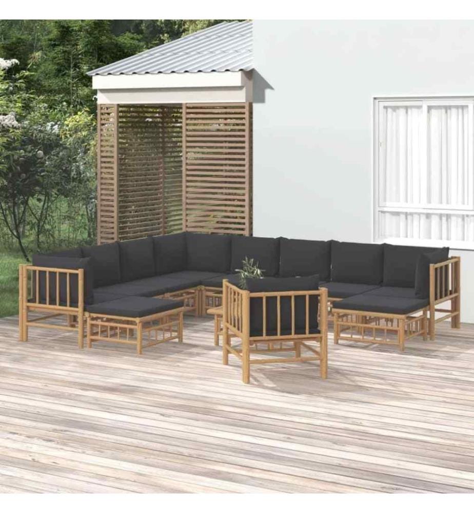 12-tlg. Garten-Lounge-Set mit Dunkelgrauen Kissen Bambus